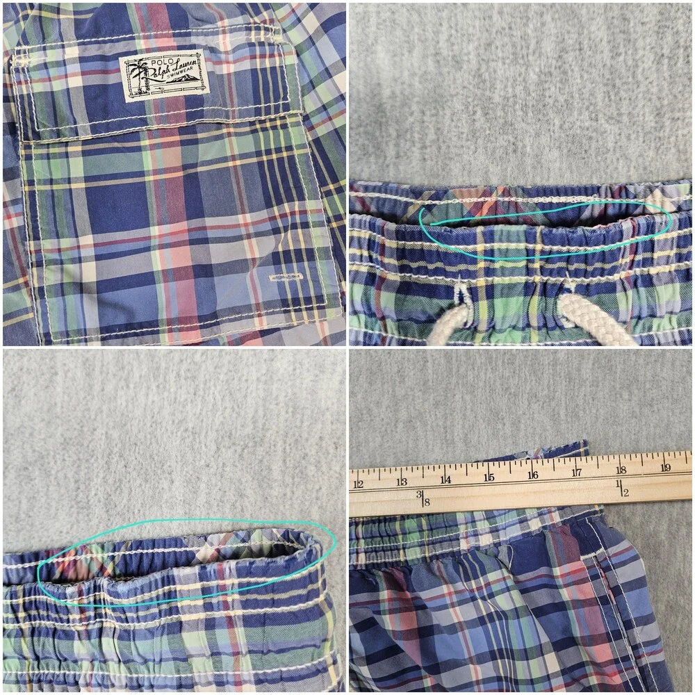 Polo Ralph Lauren Swim Shorts Mens L Blue Plaid Lined Drawstring Back Pocket
